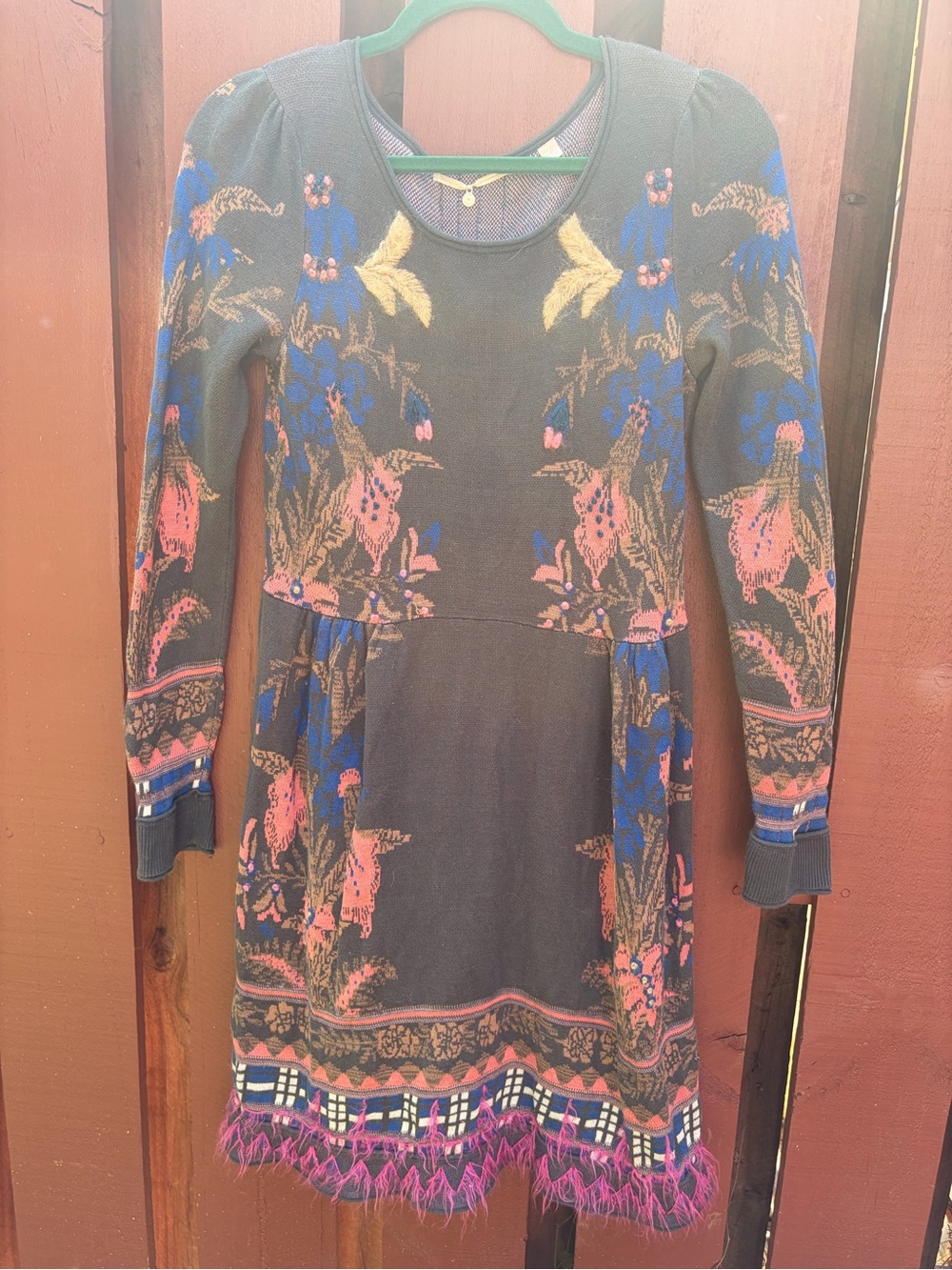 Black Floral-Pattern Long Sleeve Knit Dress with Pink & Blue Accents